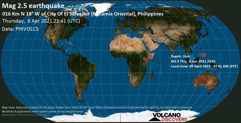 Weak mag. 2.5 earthquake - Mindanao (more), 30 km northwest of Cagayan de Oro, Philippines, on Friday, 9 Apr 2021 7:41 am (GMT +8)