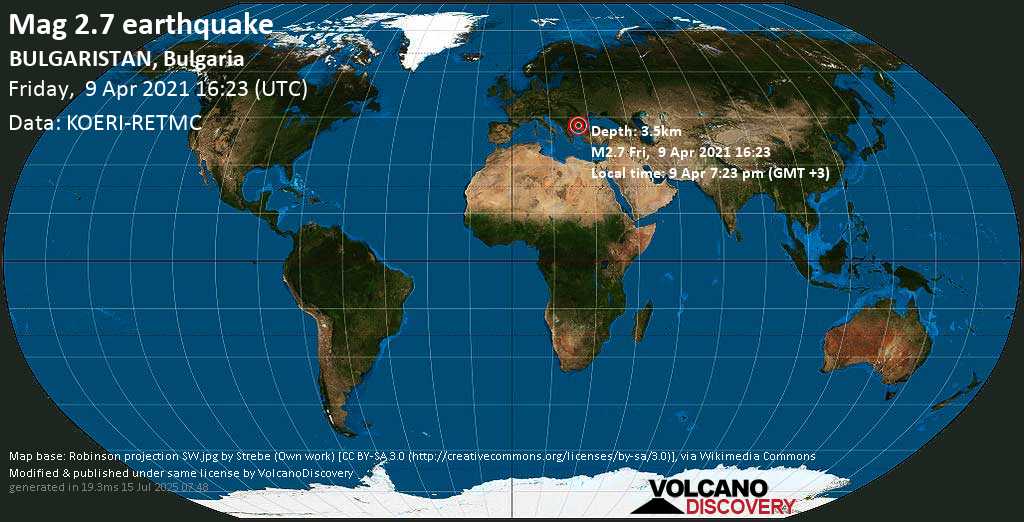 Weak mag. 2.7 earthquake - Opan, Stara Zagora, 22 km northeast of Haskovo, Bulgaria, on 9 Apr 7:23 pm (GMT +3)