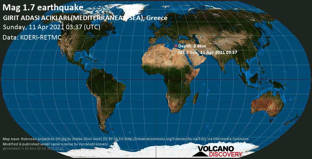 Minor mag. 1.7 earthquake - Eastern Mediterranean, 47 km south of Gavdos Island, Chania, Crete, Greece, on Sunday, 11 April 2021 at 03:37 (GMT)