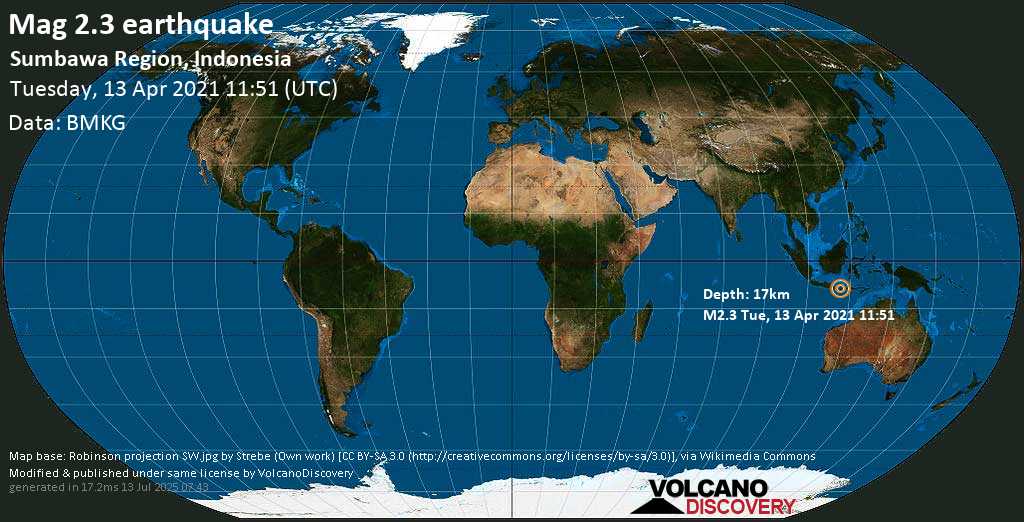 Sismo minore mag. 2.3 - Bali Sea, 6.9 km a sud ovest da Mataram, Indonesia, martedí, 13 aprile 2021
