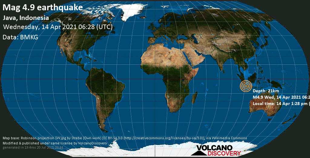 Moderate mag. 4.9 earthquake - Indian Ocean, 83 km southwest of Pelabuhanratu, West Java, Indonesia, on 14 Apr 1:28 pm (GMT +7)