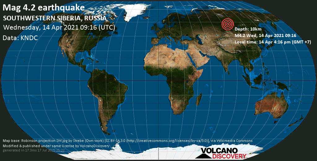 Terremoto moderado mag. 4.2 - 69 km N of Aban, Krasnoyarskiy Kray, Russia, Wednesday, 14 Apr. 2021