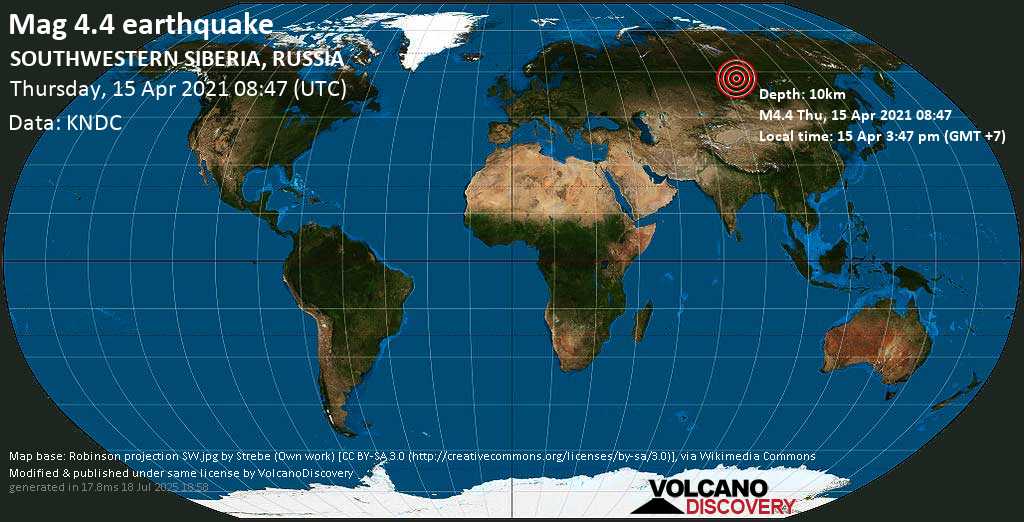 Terremoto moderado mag. 4.4 - 53 km NNE of Aban, Krasnoyarskiy Kray, Russia, jueves, 15 abr. 2021
