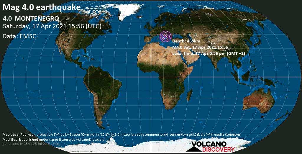 Light mag. 4.0 earthquake - Danilovgrad, 22 km north of Podgorica, Montenegro, on 17 Apr 5:56 pm (GMT +2)