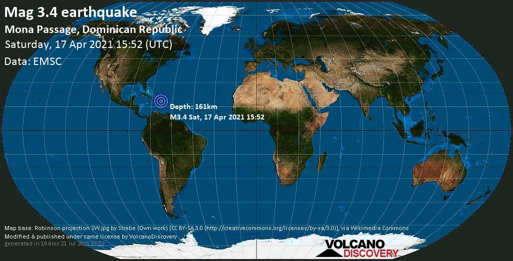 Minor mag. 3.4 earthquake - Caribbean Sea, Puerto Rico, 50 km southeast of Punta Cana, Dominican Republic, on Saturday, 17 April 2021 at 15:52 (GMT)