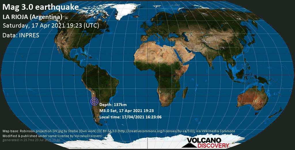 Minor mag. 3.0 earthquake - Departamento de Famatina, 49 km north of Chilecito, La Rioja, Argentina, on 17/04/2021 16:23:06