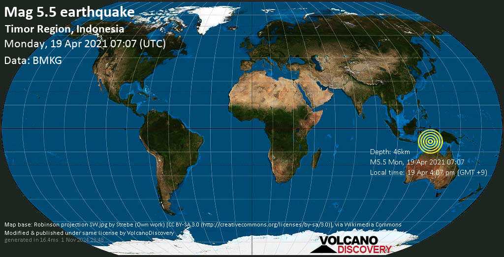 Earthquake information: Mag average.  5.5 Earthquake – Banda Sea, 110 km northeast of Lospalos, Laotem, East Timor, on April 19 4:07 pm (GMT +9)