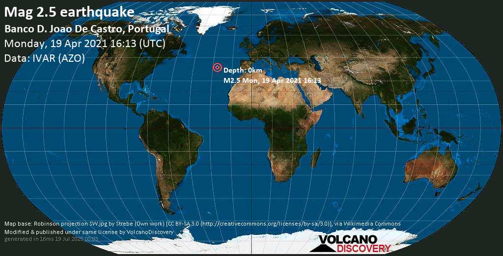 Weak mag. 2.5 earthquake - North Atlantic Ocean, 85 km northwest of Ponta Delgada, Azores, Portugal, on Monday, 19 April 2021 at 16:13 (GMT)