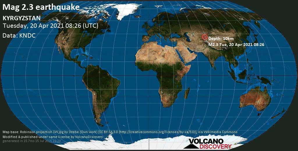 Weak mag. 2.3 earthquake - 75 km northeast of Jalal-Abad, Kyrgyzstan, on Tuesday, 20 April 2021 at 08:26 (GMT)