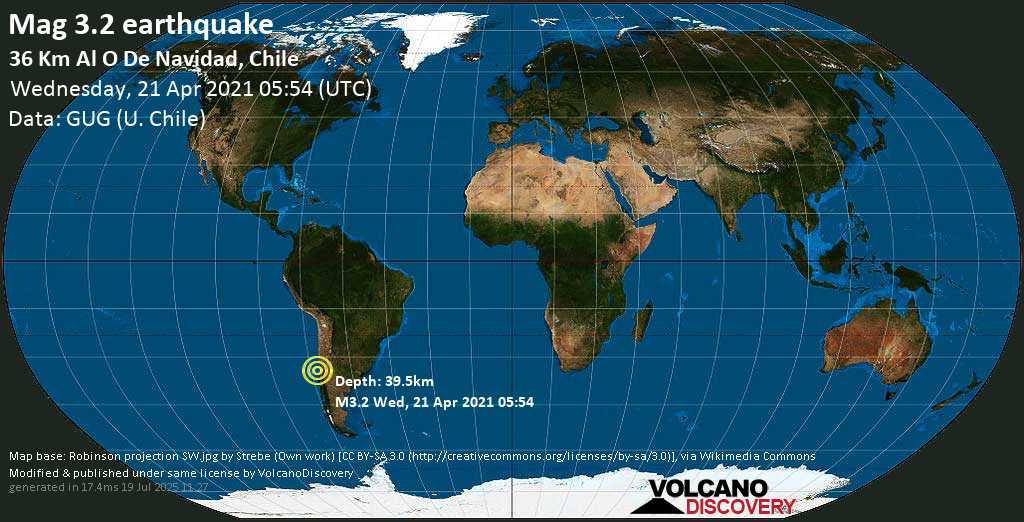Weak mag. 3.2 earthquake - South Pacific Ocean, 75 km southwest of San Antonio, Region de Valparaiso, Chile, on Wednesday, 21 April 2021 at 05:54 (GMT)