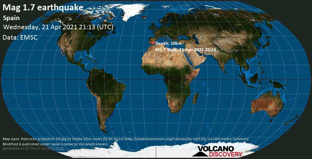 Sehr schwaches Beben Stärke 1.7 - 9.4 km westlich von Granada, Andalusien, Spanien, am Mittwoch, 21. Apr 2021 um 21:13 GMT
