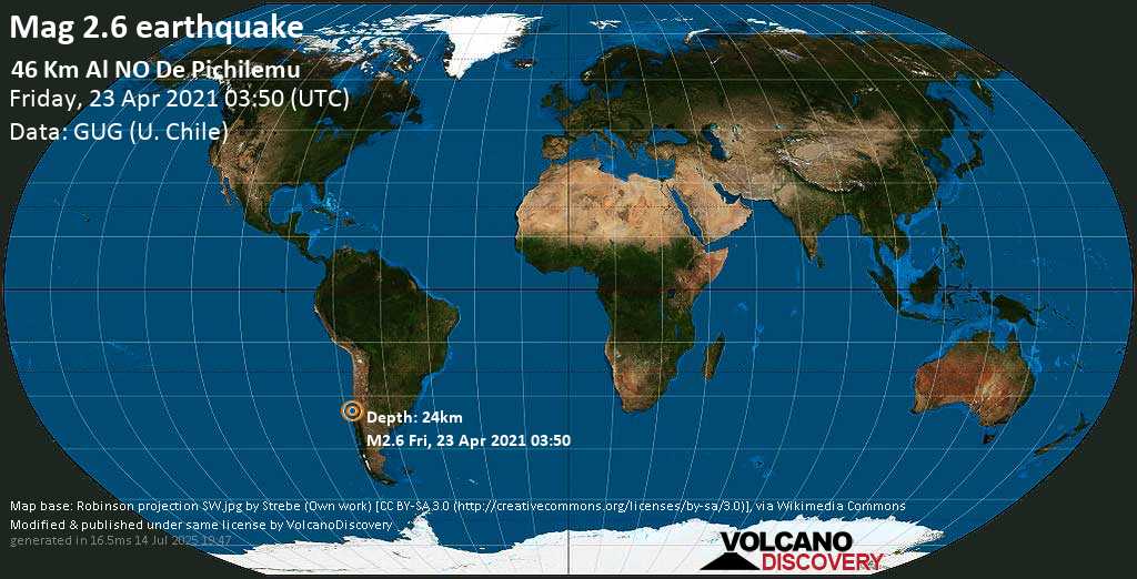 Weak mag. 2.6 earthquake - South Pacific Ocean, 84 km southwest of San Antonio, Region de Valparaiso, Chile, on Friday, April 23, 2021 at 03:50 GMT