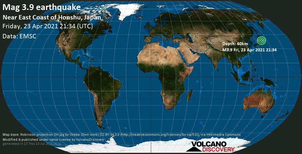 Weak mag. 3.9 earthquake - North Pacific Ocean, 35 km east of Ishinomaki, Miyagi, Japan, on 24 Apr 6:34 am (GMT +9)