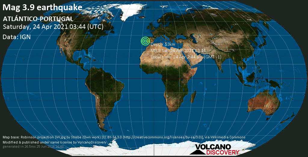 Mag fraco.  Terremoto de 3,9 - Oceano Atlântico Norte, 154 km a oeste de Lisboa, Lisboa, Portugal, no sábado, 24 de abril de 2021 às 03:44 (GMT)