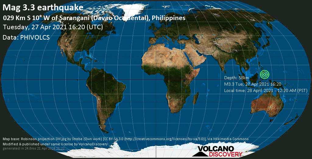 Weak mag. 3.3 earthquake - Celebes Sea, 30 km south of Sarangani, Davao Occidental, Philippines, on 28 April 2021 - 12:20 AM (PST)