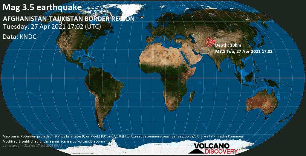 Light mag. 3.5 earthquake - 73 km north of Ishqoshim, Ishkoshim, Gorno-Badakhshan, Tajikistan, on Tuesday, 27 April 2021 at 17:02 (GMT)