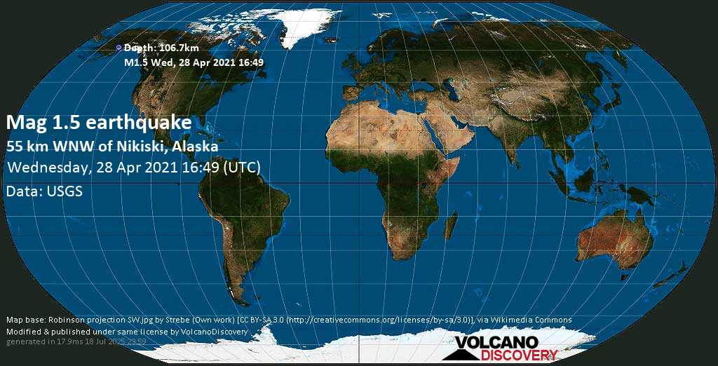 Minor mag. 1.6 earthquake - 51 Km WNW of Nikiski, Alaska, USA, on Wednesday, 28 April 2021 at 16:49 (GMT)