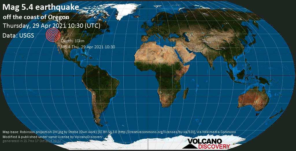 Earthquake information: strong mag.  5.4 earthquake – North Pacific, USA, April 29 1:30 am (GMT -9)