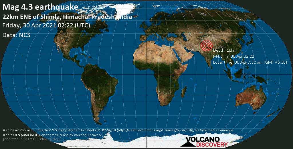 Μέτριος σεισμός μεγέθους 4.3 - 23 km βορειοανατολικά από Shimla, Ινδία, Παρασκευή, 30 Απρ 2021 07:52 (GMT +5:30)