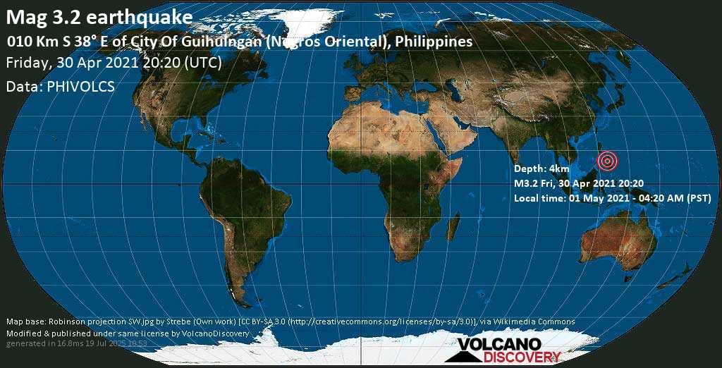 Light mag. 3.2 earthquake - Philippines Sea, 10 km southeast of Guihulñgan, Philippines, on 01 May 2021 - 04:20 AM (PST)