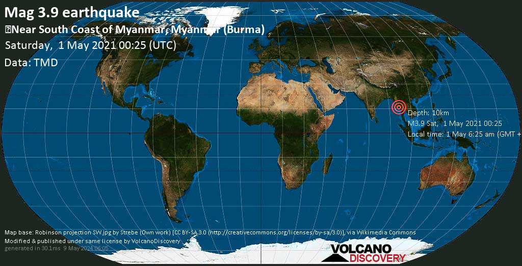 Aime modérée.  3.9 Tremblement de terre - Mer d'Andaman, 79 km au sud-est de Pyapon, région d'Ayeyarwady, Myanmar (Birmanie), le 1er mai, 6h25 (GMT +6)