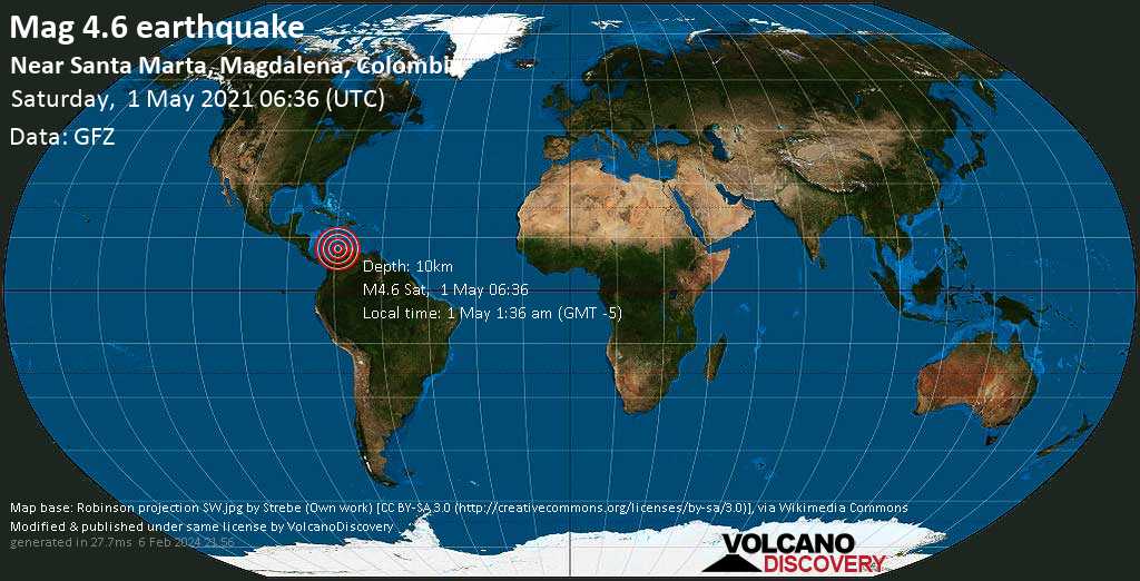 Terremoto moderado mag. 4.6 - Caribbean Sea, 59 km NNE of Santa Marta, Departamento del Magdalena, Colombia, 1 May 1:36 am (GMT -5)