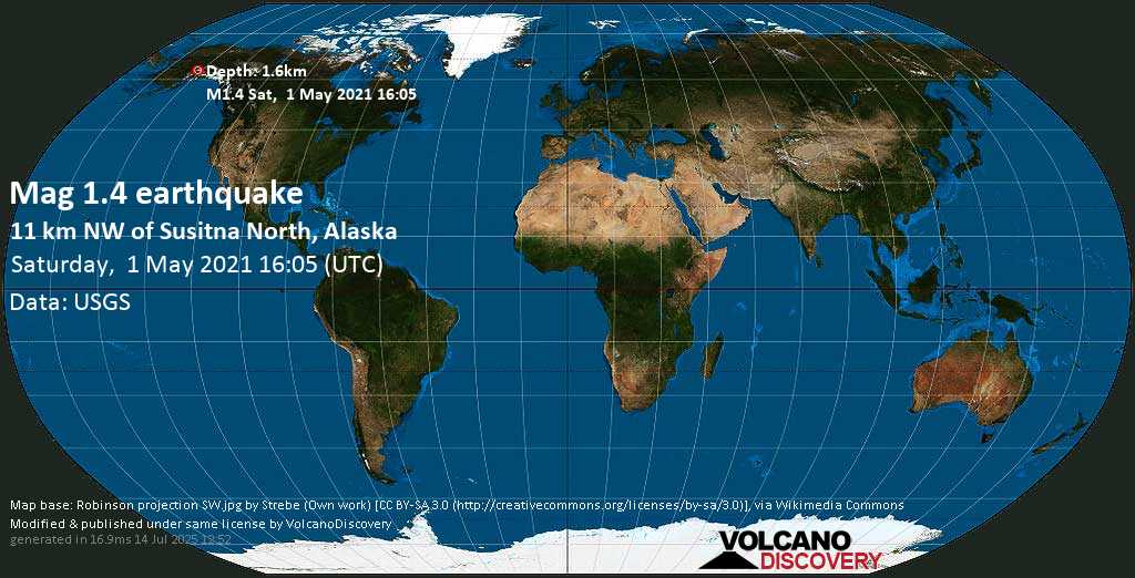 Sehr schwaches Beben Stärke 1.4 - 11 Km NW of Susitna North, Alaska, USA, am Samstag, 1. Mai 2021 um 16:05 GMT