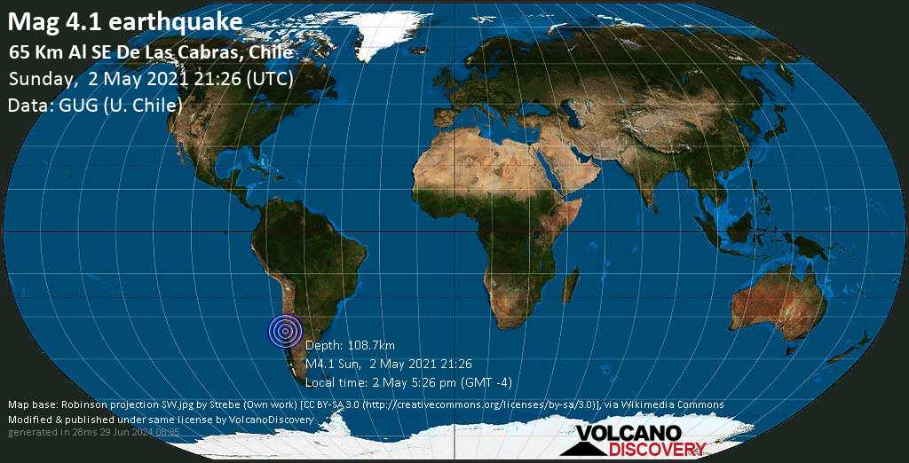 Mac ligero.  4.1 Terremoto - Kolkata, región de O'Higgins, 29 km al noreste de Curigo, región de Moul, Chile, 2 de mayo a las 5:26 pm (GMT-4)