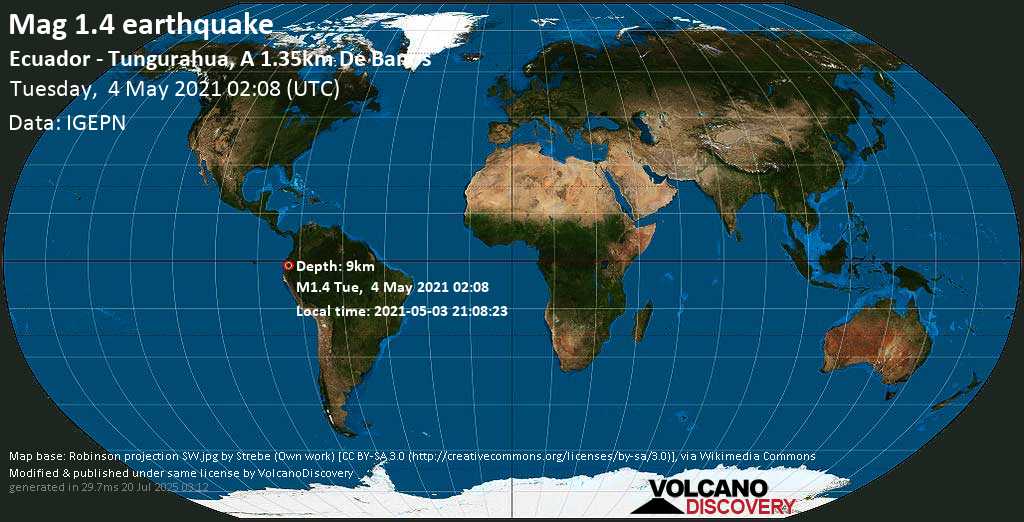 Sismo muy débil mag. 1.4 - Ecuador - Tungurahua, A 1.35km De Banos, Tuesday, 04 May. 2021
