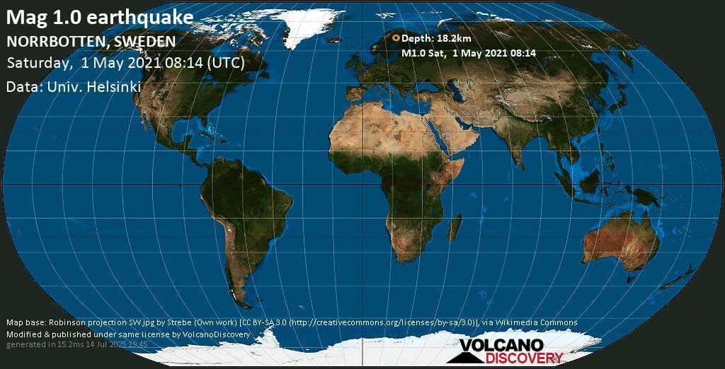 Minor mag. 1.0 earthquake - NORRBOTTEN, SWEDEN, on Saturday, 1 May 2021 at 08:14 (GMT)
