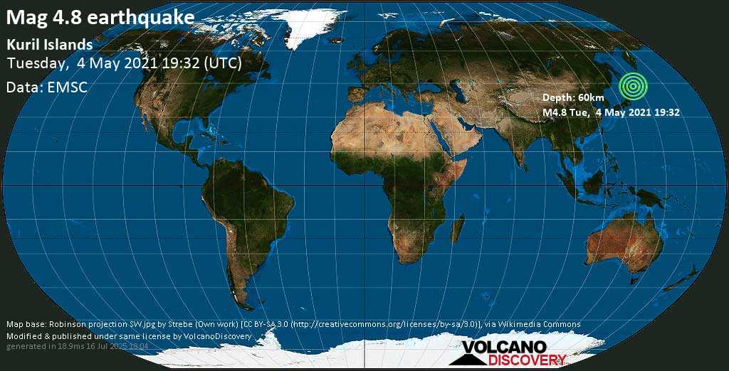 Light mag. 4.8 earthquake - North Pacific Ocean, 52 km south of Shikotan Island, Yuzhno-Kurilsky District, Sakhalin Oblast, Russia, on 5 May 5:32 am (GMT +10)