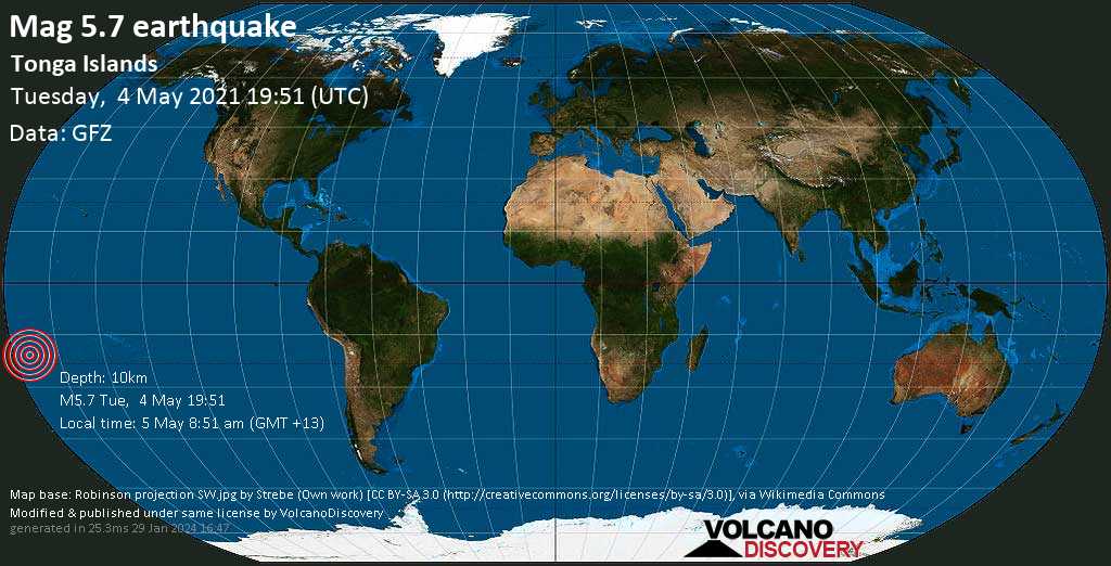 Tremblement de terre fort magnitude 5.7 - South Pacific Ocean, 157 km à l\'est de Nukalofa, Nuku\'alofa, Tongatapu, 5 May 8:51 am (GMT +13)