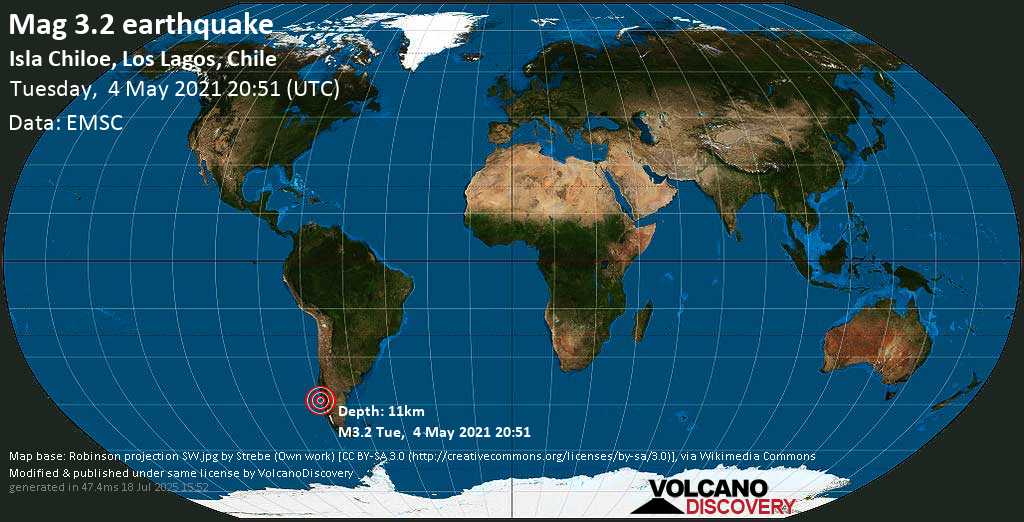 Light mag. 3.2 earthquake - Provincia de Chiloé, 57 km west of Quellon, Chiloe, Los Lagos Region, Chile, on Tuesday, 4 May 2021 at 20:51 (GMT)