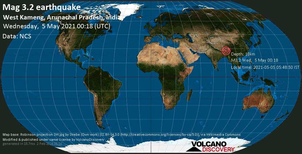 Слабое землетрясение маг. 3.2 - 15 km к северу от Bomdila, Индия, 2021-05-05 05:48:50 IST