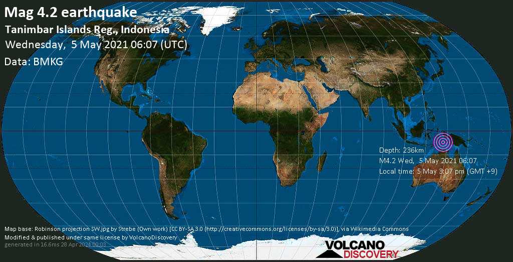 Mag ringan.  Gempa 4.0 - Laut Banda, 229 km barat daya Tual, Maluku, Indonesia, 5 Mei pukul 15:07 (GMT +9)
