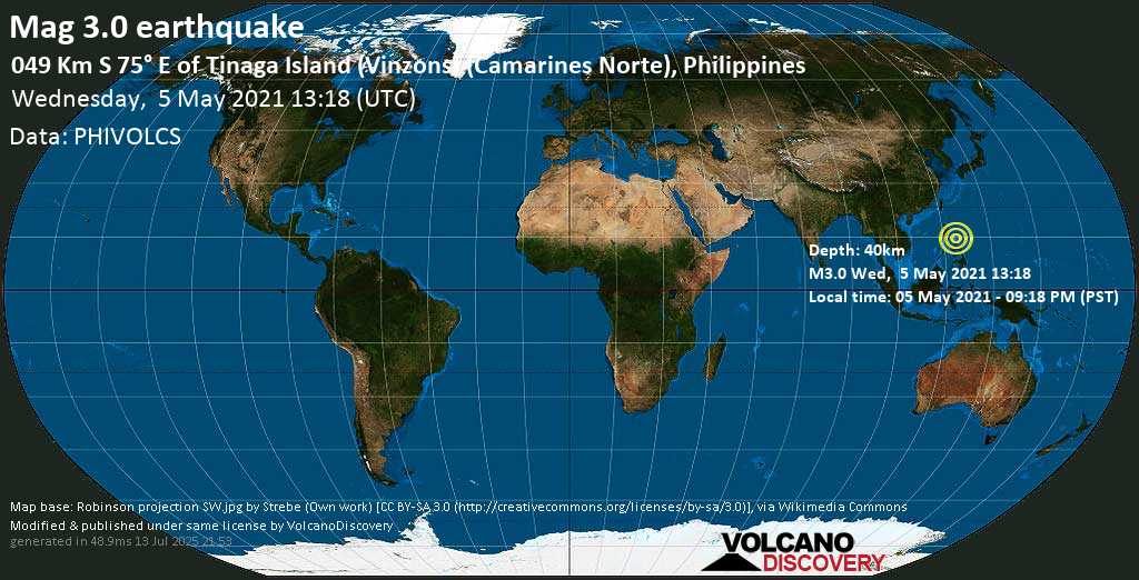 Sismo debile mag. 3.0 - Philippines Sea, 54 km a nord est da Daet, Filippine, mercoledí, 05 maggio 2021