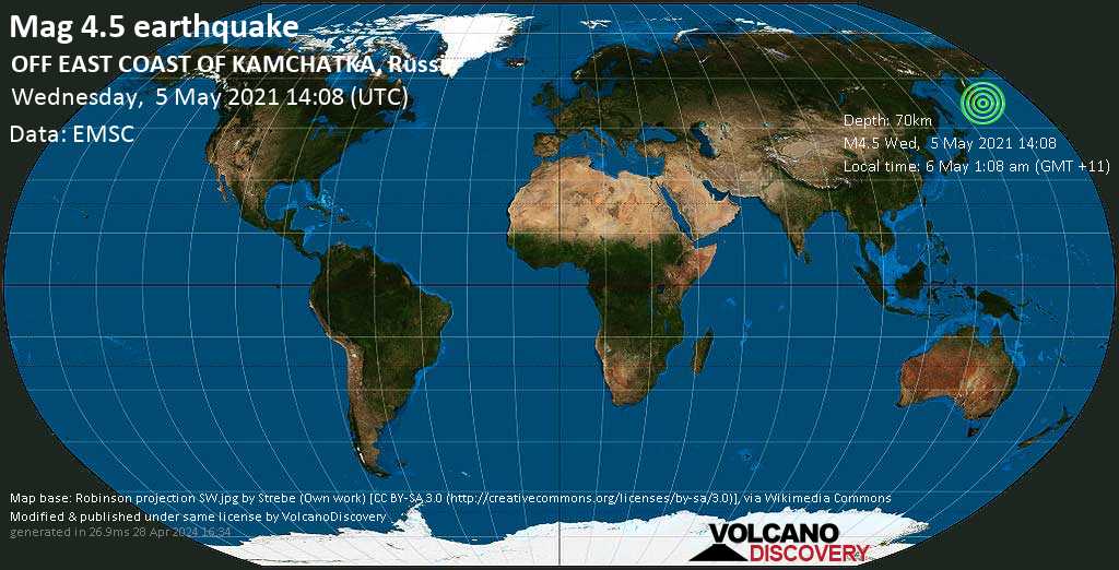Легкий Mac.  Землетрясение 4.5 - среда, 5 мая 2021 г., 14:08 GMT OFF EAST COAST, Камчатка, Россия