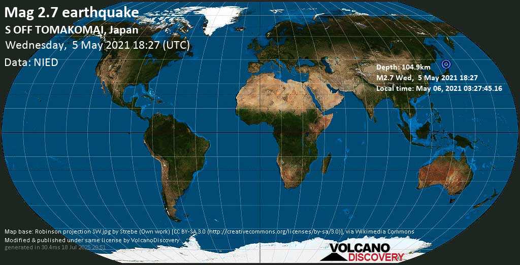 Sismo muy débil mag. 2.7 - North Pacific Ocean, 45 km E of Hakodate, Hokkaido, Japan, miércoles, 05 may. 2021