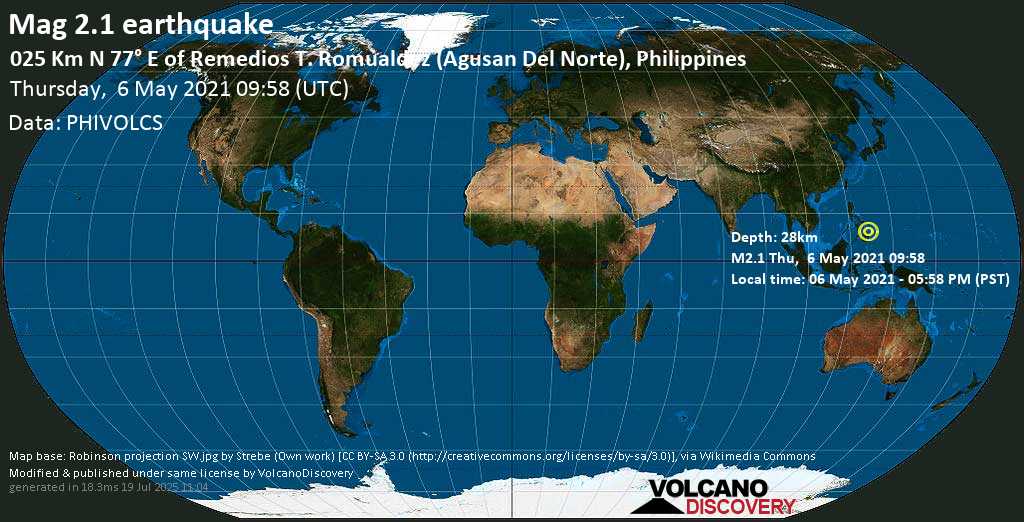 Sismo minore mag. 2.1 - Province of Surigao del Sur, 34 km a nord est da Butuan, Filippine, giovedí, 06 maggio 2021