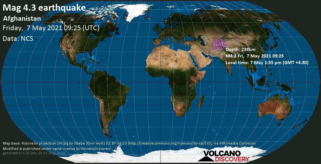 Terremoto leve mag. 4.3 - Rustāq, Takhar, 51 km WNW of Faizabad, Faīẕābād, Badakhshan, Afghanistan, viernes, 07 may. 2021