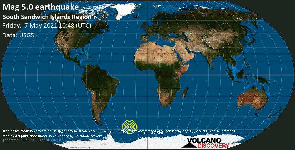 Mag. 5.0 earthquake - South Atlantic Ocean, South Georgia & South Sandwich Islands, on Friday, May 7, 2021 08:48 am (GMT -2)