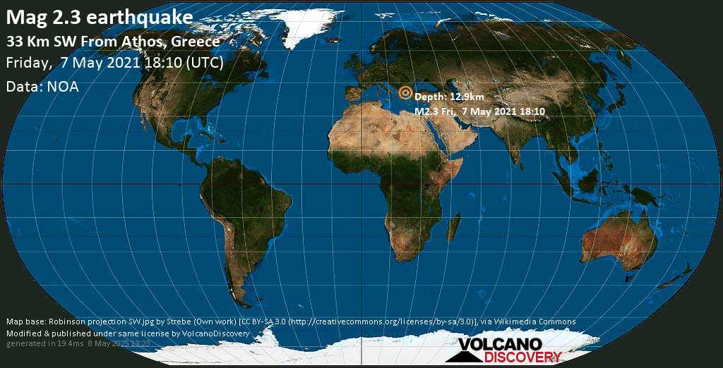 Mag. 2.3 quake - 13 km east of Neos Marmaras, Chalkidiki, Central Macedonia, Greece, on Friday, May 7, 2021 09:10 pm (Athens time)