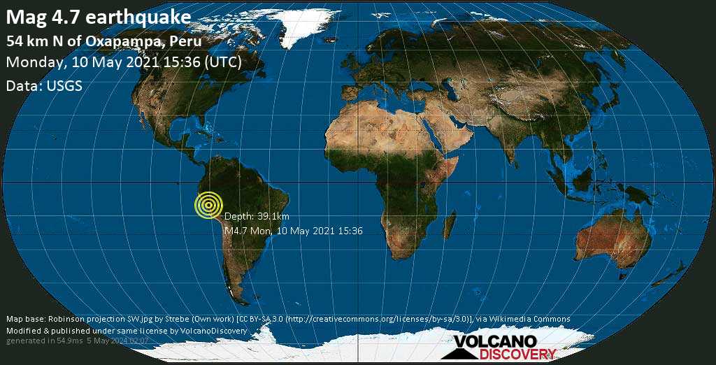 Moderates Erdbeben der Stärke 4.7 - Pasco, 86 km östlich von Huánuco, Provincia de Huanuco, Peru, am Montag, 10. Mai 2021 um 15:36 GMT