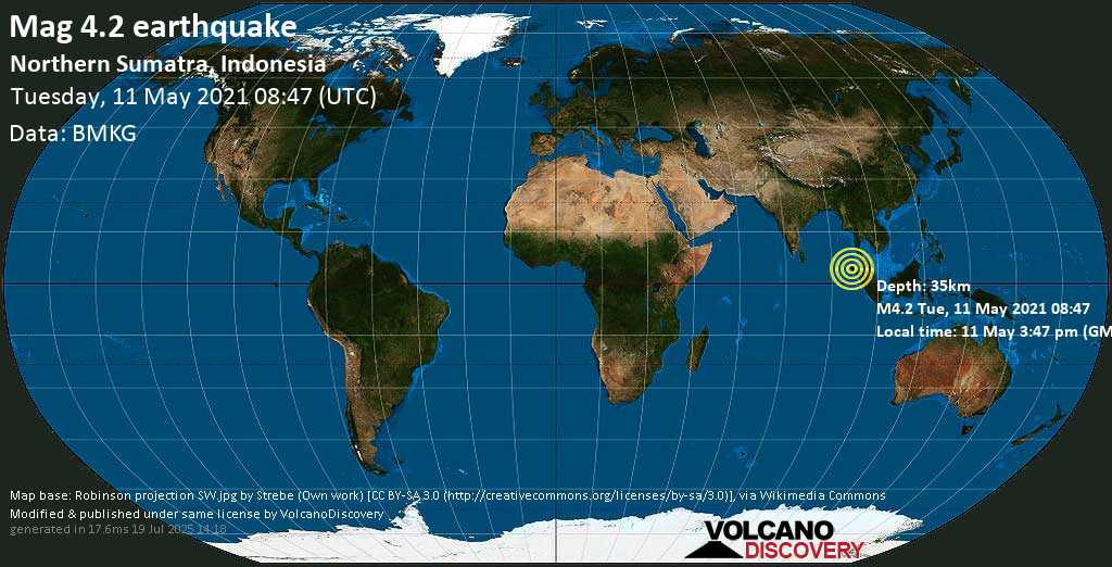 Séisme faible mag. 4.2 - Océan Indien, 22 km à l\'ouest de Meulaboh, Kabupaten Aceh Barat, Indonésie, 11 May 3:47 pm (GMT +7)