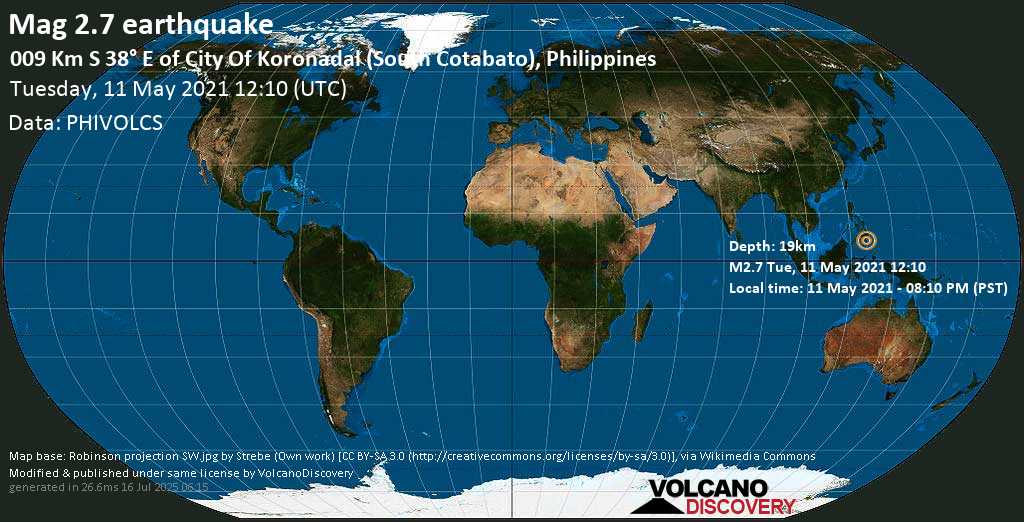 Weak mag. 2.7 earthquake - 13 km southeast of Koronadal, Philippines, on 11 May 2021 - 08:10 PM (PST)