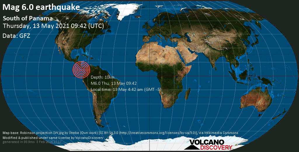 Very strong mag. 6.0 Earthquake - South of Panama on Thursday, May 13, 2021, at 04:42 am (GMT -5)