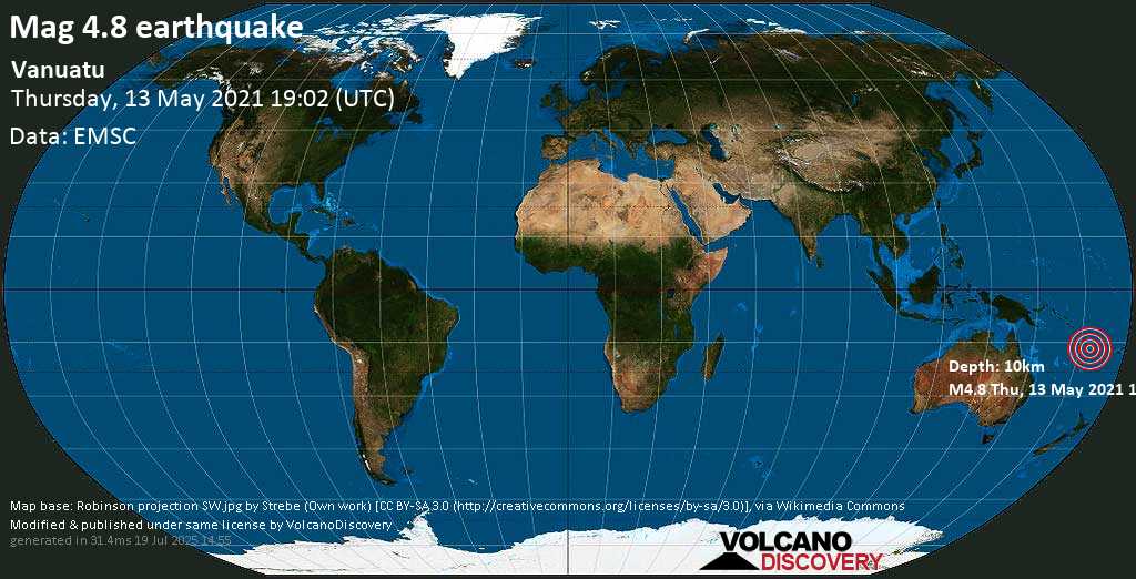 Moderate mag. 4.8 earthquake - Coral Sea, 34 km southwest of Malakula Island, Malampa Province, Vanuatu, on 14 May 6:02 am (GMT +11)