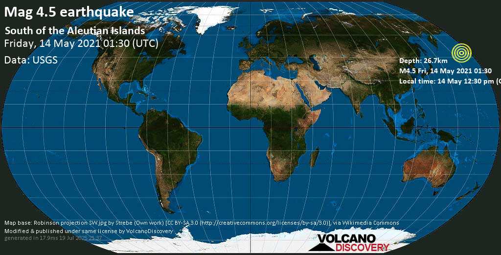 Moderate mag. 4.5 earthquake - North Pacific Ocean on 14 May 12:30 pm (GMT +11)