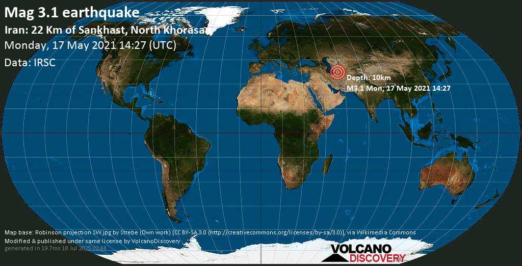Sismo leggero mag. 3.1 - 68 km a sud ovest da Bojnourd, North Khorasan, Iran, lunedí, 17 maggio 2021