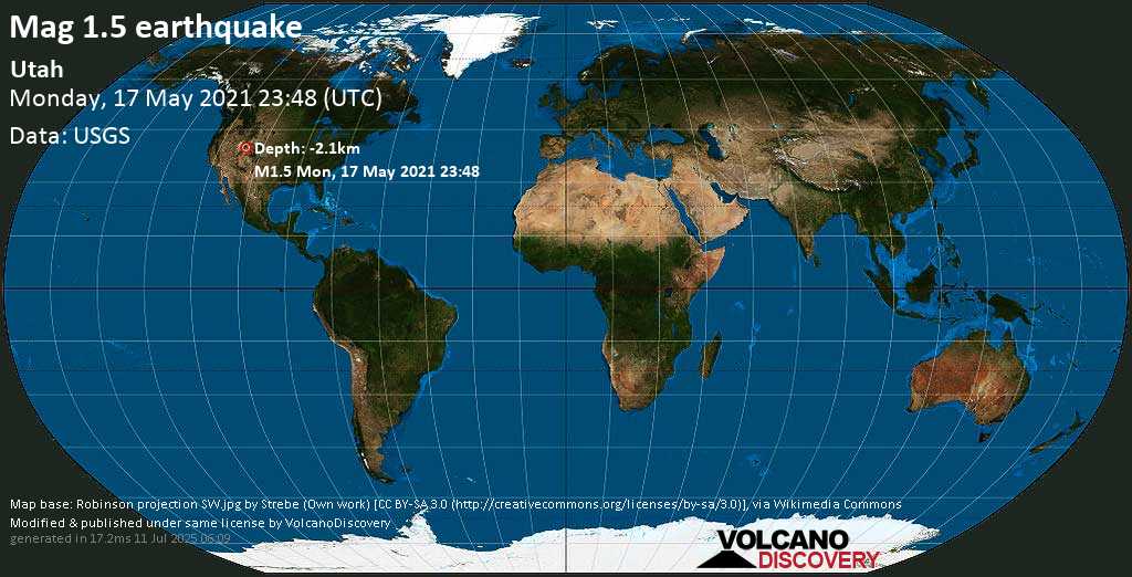 Sismo muy débil mag. 1.5 - 16 Km SSE of Sunnyside, Utah, Monday, 17 May. 2021